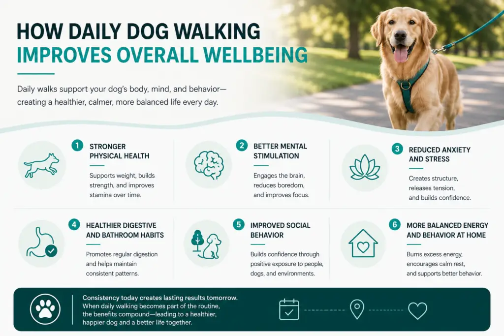 Infographic showing six benefits of daily dog walking, including stronger physical health, better mental stimulation, reduced anxiety, healthier digestion, improved social behavior, and more balanced energy at home.