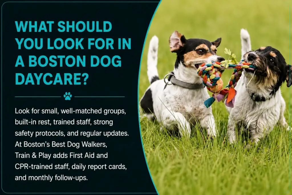 Faq infographic on what to look for in a doggy daycare, featuring two small dogs playing tug of war with a chew toy.