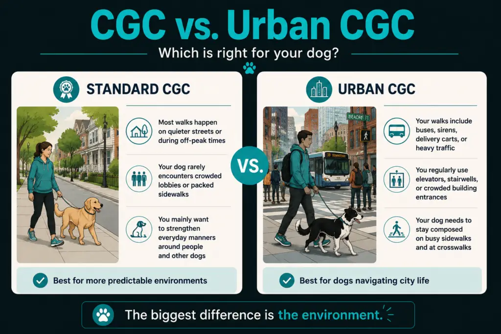Infographic comparing Standard CGC and Urban CGC based on a dog’s typical walking environment and city distractions.