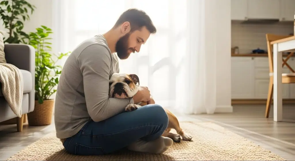 Man sitting on the floor and hugging a bulldog in a bright living room.