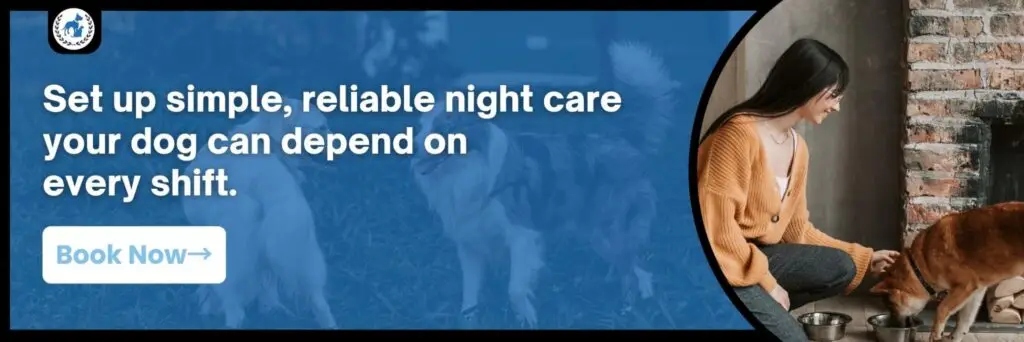 Night-shift dog care banner featuring a woman caring for a dog at home with text promoting reliable overnight care for every shift.