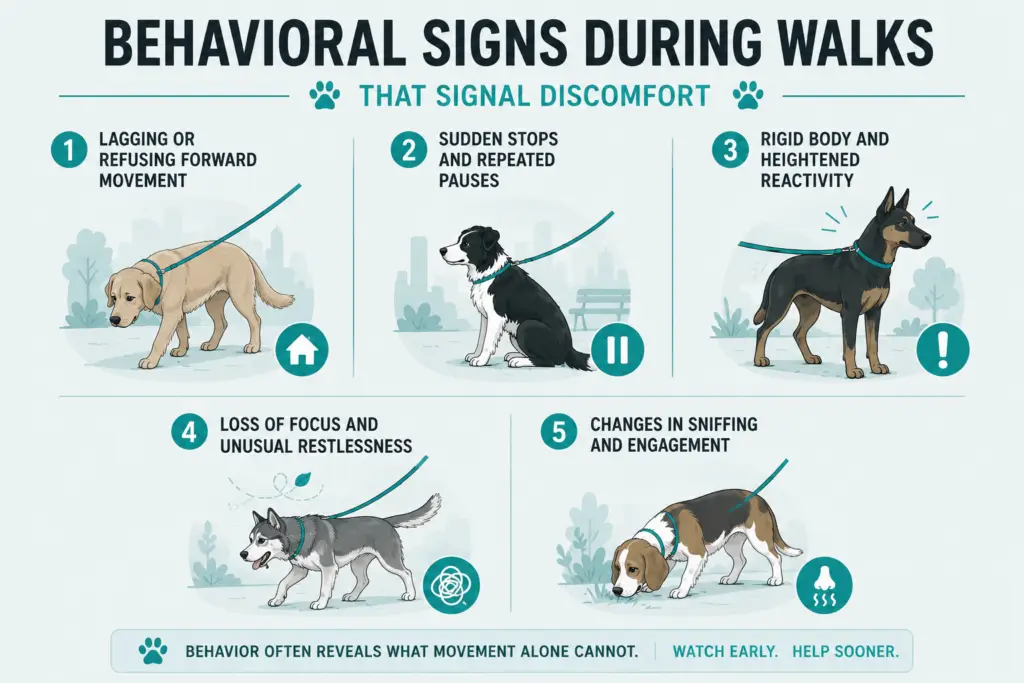 Infographic showing five behavioral signs of discomfort during dog walks, including lagging, repeated stops, reactivity, restlessness, and changes in sniffing.