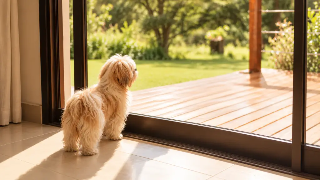 Small fluffy tan dog standing indoors by a sliding glass door, looking out at a sunlit deck and backyard.