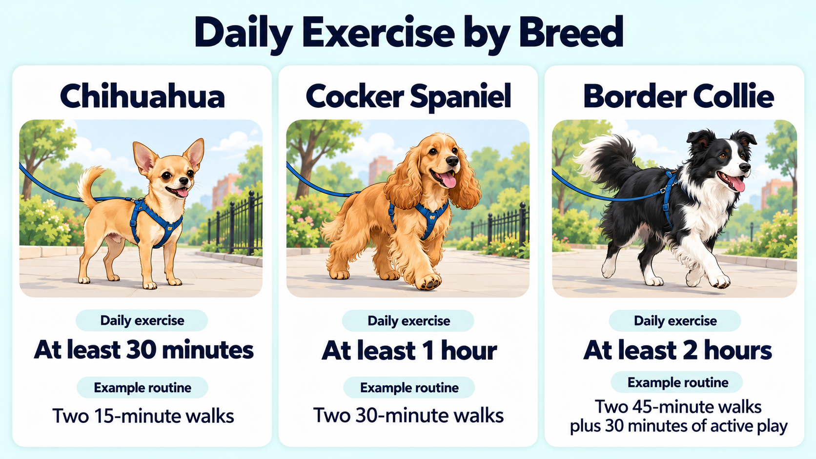 Daily exercise infographic showing at least 30 minutes for Chihuahuas, 1 hour for Cocker Spaniels, and 2 hours for Border Collies, with example walking routines.