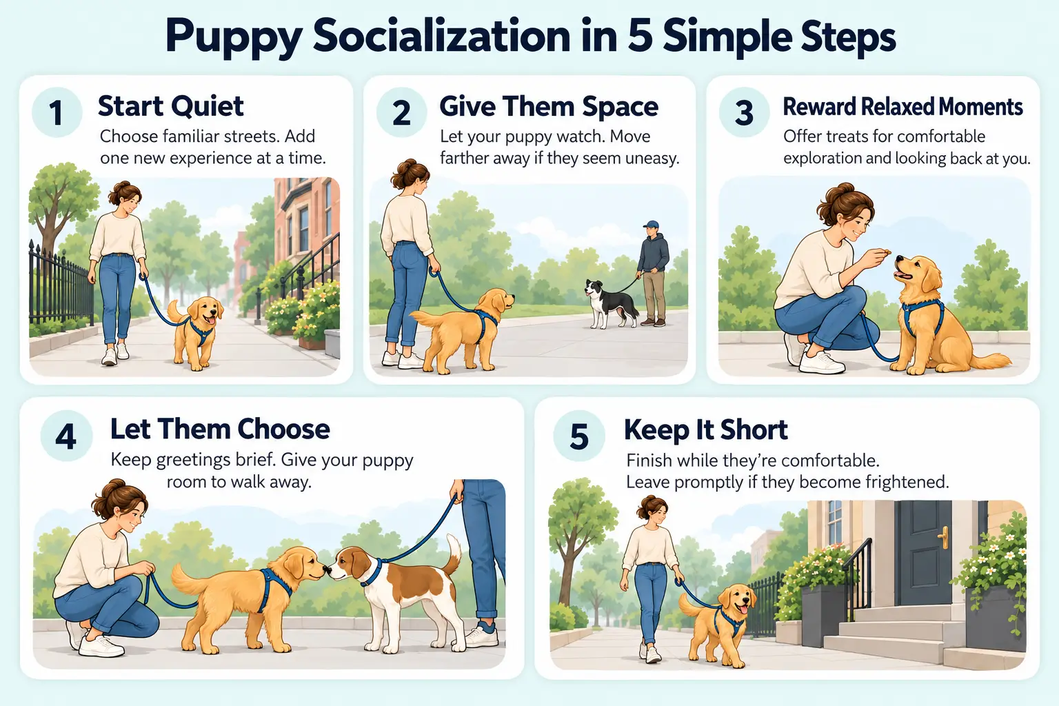 Five steps for puppy socialization on walks: start quiet, give space, reward relaxed moments, let your puppy choose greetings, and keep outings short.